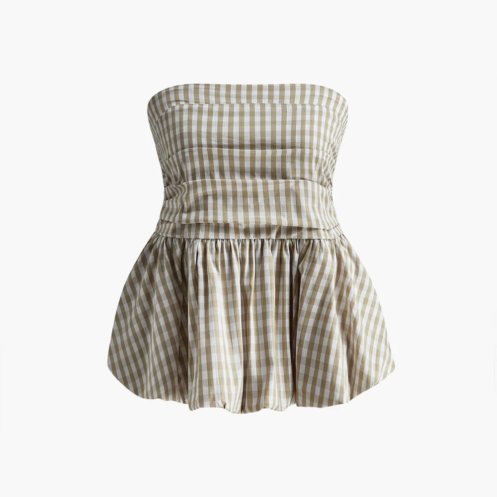 Commense Puff Shirred Plaid Tube Top - size Small